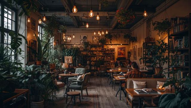 Working and reading in cozy plant-filled cafe library with warm pendant lighting