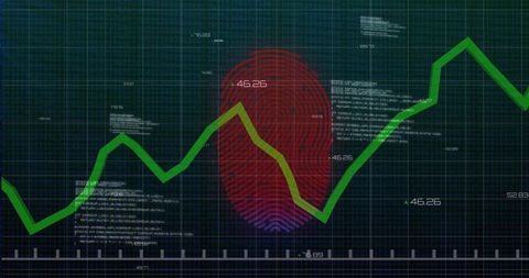 Overlaying fingerprint analytics with rising green line chart on dark grid cyber dashboard