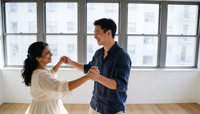 Smiling couple dancing and holding hands in sunlit modern apartment with large windows
