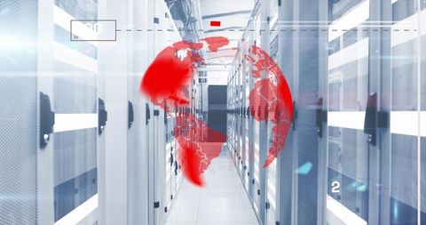 Red digital globe overlay in modern data center with server cabinets