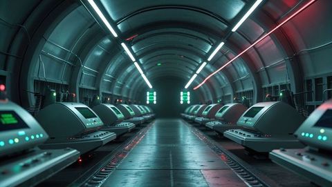 Futuristic laboratory corridor with symmetrical consoles
