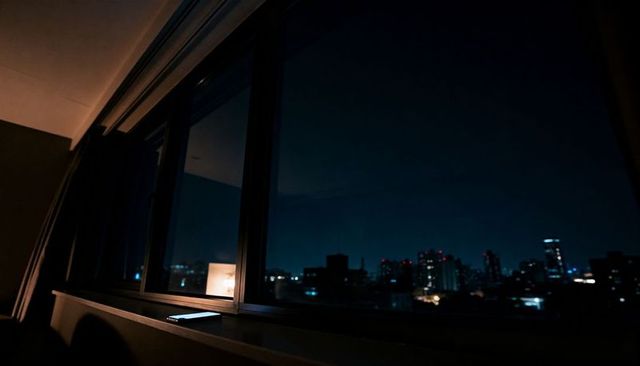 Viewing city skyline through hotel window with smartphone resting on sill at night