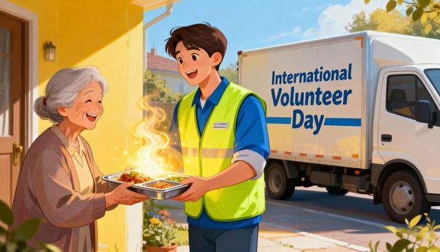 Volunteer delivering hot meals to senior woman on porch during international volunteer day