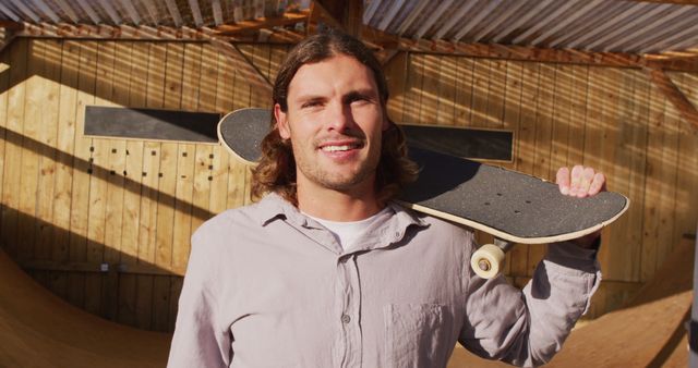 Young male with long hair holding skateboard on shoulder while smiling in a sunlit skate park. Suitable for use in stories and articles about skateboarding culture, lifestyle sports, youth activities, and trends in outdoor recreation. Perfect for fitness and active lifestyle promotions or advertisements aimed at young adults.