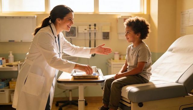 Female physician reaching out to smiling child during pediatric checkup