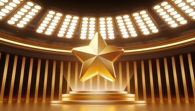 Faceted golden star hovering above tiered podium on spotlighted opulent awards stage