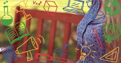 Adult female leaning on red bench with colorful school doodles overlay and copy space