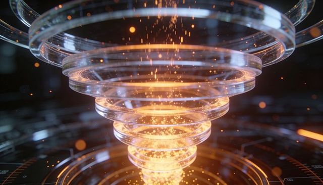 Glass-ring vortex forming glowing holographic energy core with orange particle cascade