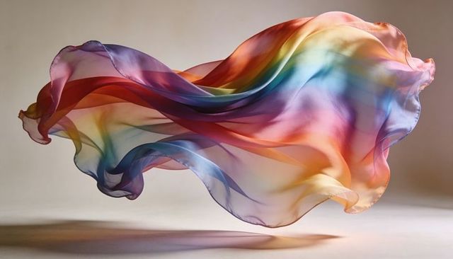 Floating rainbow chiffon fabric billowing in soft studio light with translucent gradient