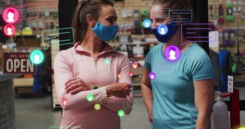 Social media connection between workers in masks during pandemic