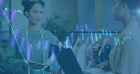 Business Partners Discuss Retail Strategy with Financial Data Overlay