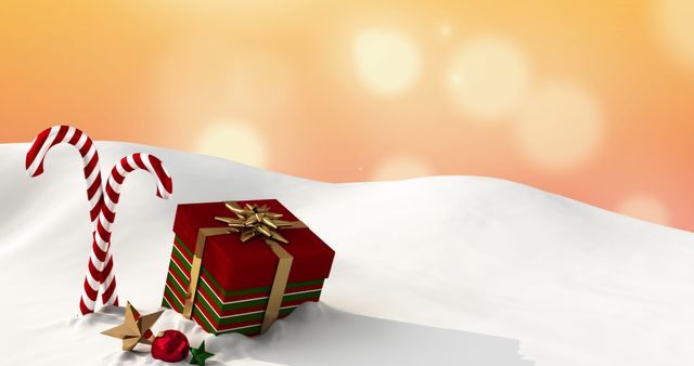 Festive Christmas Gift Box on Snowy Surface with Candy Canes - Download Free Stock Images Pikwizard.com