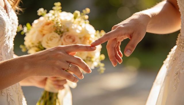 Two brides holding hands and bouquet in golden light showing rings and lace gowns, garden