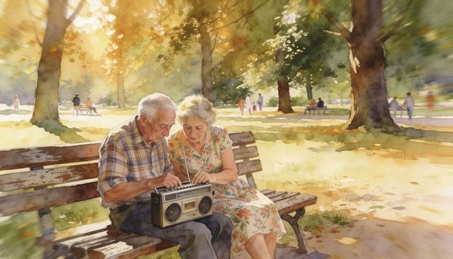 Senior couple tuning vintage radio on sunlit park bench watercolor nostalgic golden moment