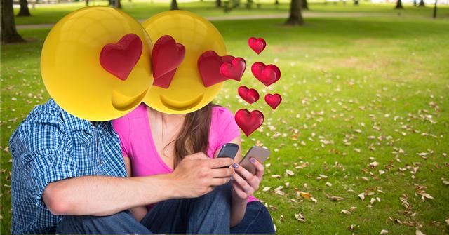 Digital composite of Couple feeling in love in the park. emoji face