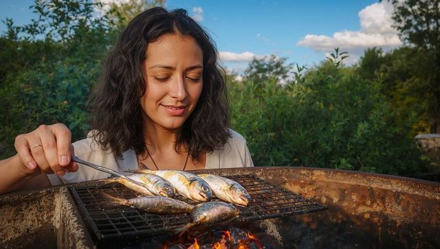 Grilling whole fish on rustic fire pit, woman adjusting mackerel with tongs outdoors