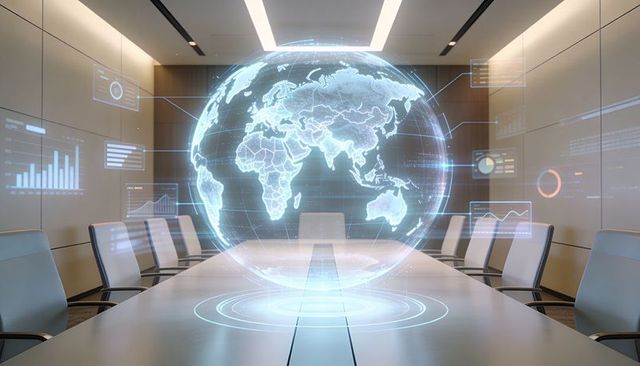 Holographic globe hovering above boardroom table showing global data panels and analytics