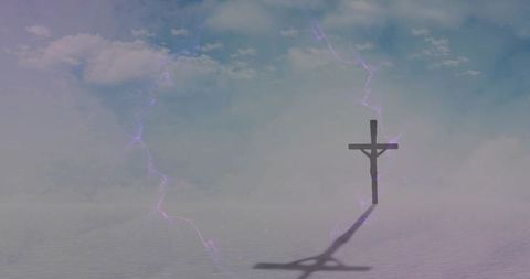 Solitary wooden cross casting long shadow on misty salt flat with purple lightning arc