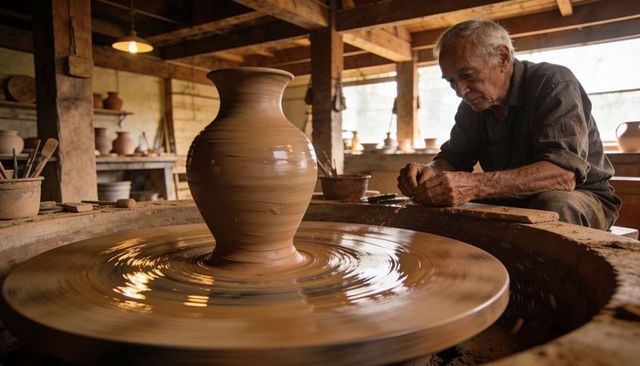 Senior potter shaping tall clay vase on spinning wheel in rustic studio