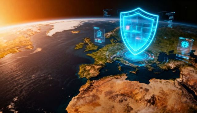 Holographic cyber shield protecting europe from orbit at sunrise