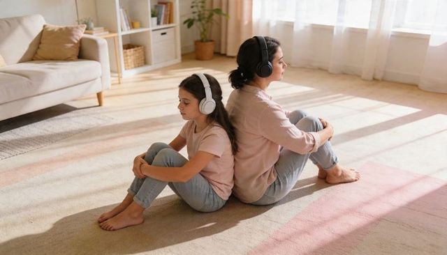 Mother and daughter listening on headphones back-to-back in sunlit living room for bonding