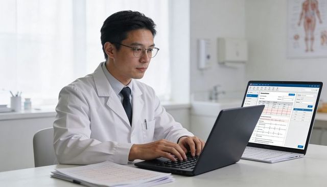 Physician reviewing ecg on laptop in modern clinic typing patient notes telehealth