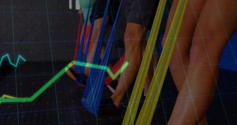 Group using resistance bands stretching legs with performance data overlay boosting fitness metrics