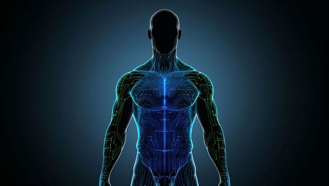 Faceless Cybernetic Human Silhouette with Glowing Neon Neural Circuit Anatomy