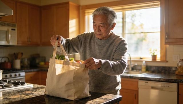 Senior asian man unpacking groceries from canvas tote on granite counter in sunlit kitchen