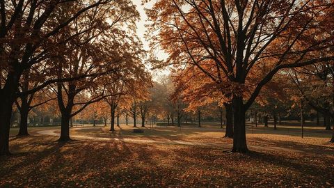 Scenic Autumn Park With Sunlit Walkway and Golden Foliage
