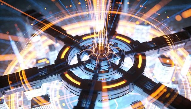 Futuristic cybernetic power core with rotating energy hub and neon circuit rings