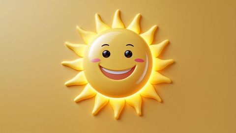 Smiling sun icon with radiant curved rays on gold background