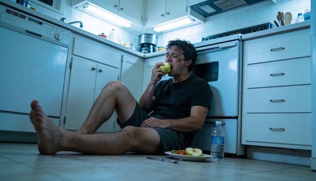 Distressed man sitting on kitchen floor biting apple, leaning against oven, moody blue light