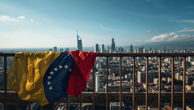 Venezuelan flag draping over rusty balcony rail facing modern urban skyline panorama