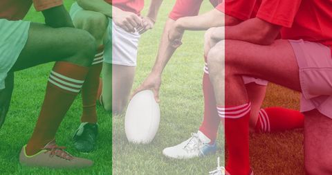 Rugby Players on Field with Italy Flag Overlay