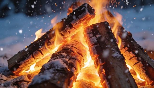 Crackling winter campfire with glowing logs, falling snowflakes and ember sparks