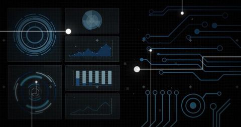 Futuristic HUD Dashboard with Translucent Data Panels, Circuit Traces and Neon Analytics