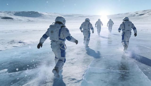 Interstellar crew trekking across cracked blue ice kicking spray toward rising sun
