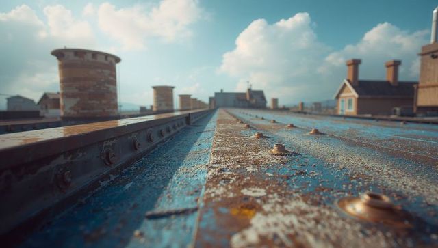 Industrial Rooftop View with Vented Blue Panels and Chimneys
