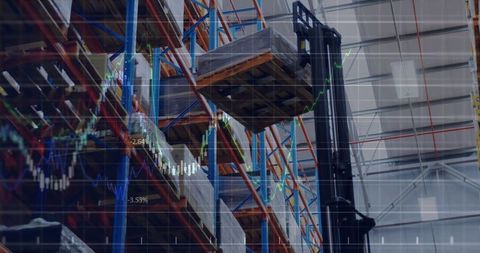 Forklift moving pallets in warehouse with stock market graphs overlay