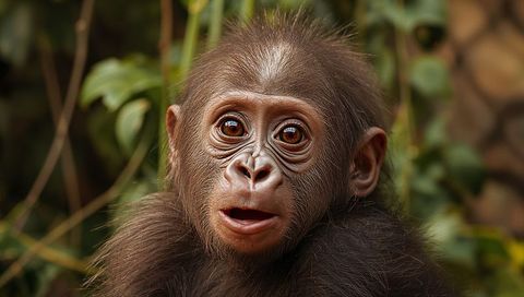 Curious baby gorilla gazing with wide brown eyes in lush tropical understory closeup portrait