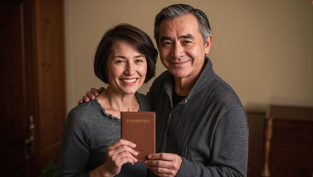 Mature couple holding passport cover and smiling at home, planning warm travel adventure