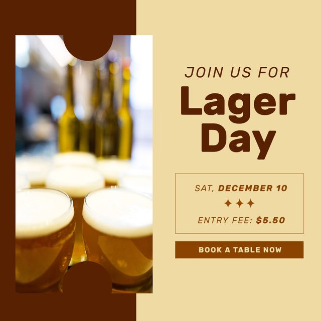 Square image of lager day and glasses of beer on brown and yellow background. Beer, brewery, alcohol, drink and pub concept.
