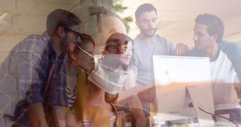 Caucasian Woman in Mask Overlay on Team Collaboration Meeting