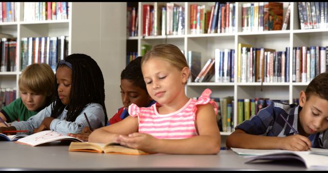 Diverse Group of Children Study in Classroom Library - Download Free Stock Images Pikwizard.com