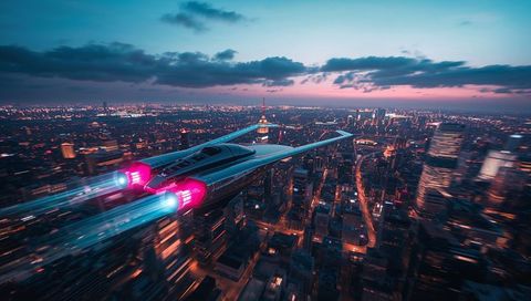 Neon-trail twin-engine jet soaring over futuristic city skyline at dusk, cyberpunk vibe
