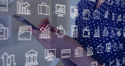 Woman tapping smartphone with floating finance icons, mobile banking and corporate tech