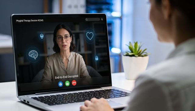 Therapist conducting end-to-end encrypted teletherapy session with health icons on laptop
