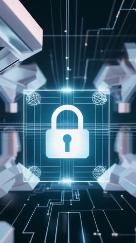 Pulsing Padlock Reinforcing Glowing Grid in Futuristic Cyber Circuit Vertical Video Loop