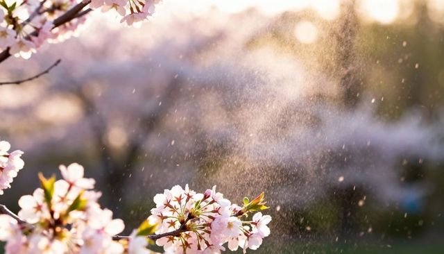 Sunlit cherry blossoms releasing drifting pollen at golden hour, fresh green leaves, soft bokeh